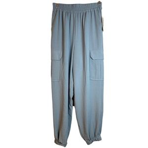 Womens High Waisted Cargo Jogger Pants Elastic Waist Dusty Blue Textured Size S